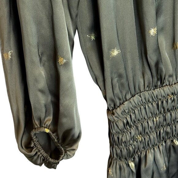 Harper Wren Hunter Green Drop Waist Dress with‎ Gold Metallic Bees - Size Small - Picture 3 of 9